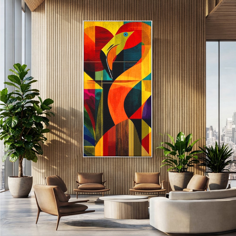 Tablou canvas cu tablou canvas cu flamingo geometric, in rama de aluminiu argintiu, pe perete intr-un birou